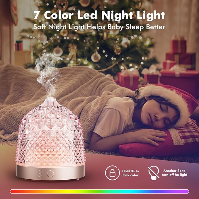 200ml Glass Reservoir Essential Oil Diffuser with Glass Dome Ultrasonic Aromatherapy Diffuser with Four Timer Colorful Light Auto-Off for Home Office Bedroom