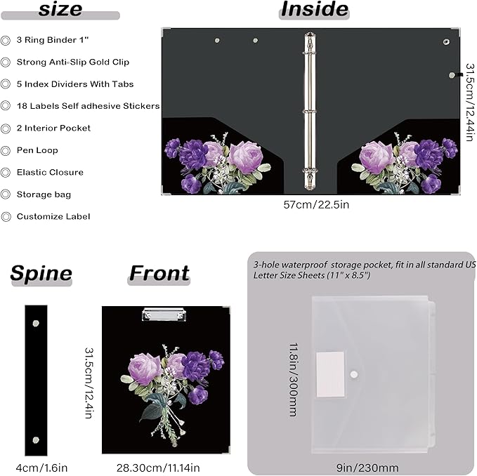 Etzul 3 Ring Binder 1 inch with Clipboard - Purple Roses Bouquet Design, Includes Dividers, File Bag & Spine Label - Bold and Sophisticated for Office or School, Holographic Waterproof Film