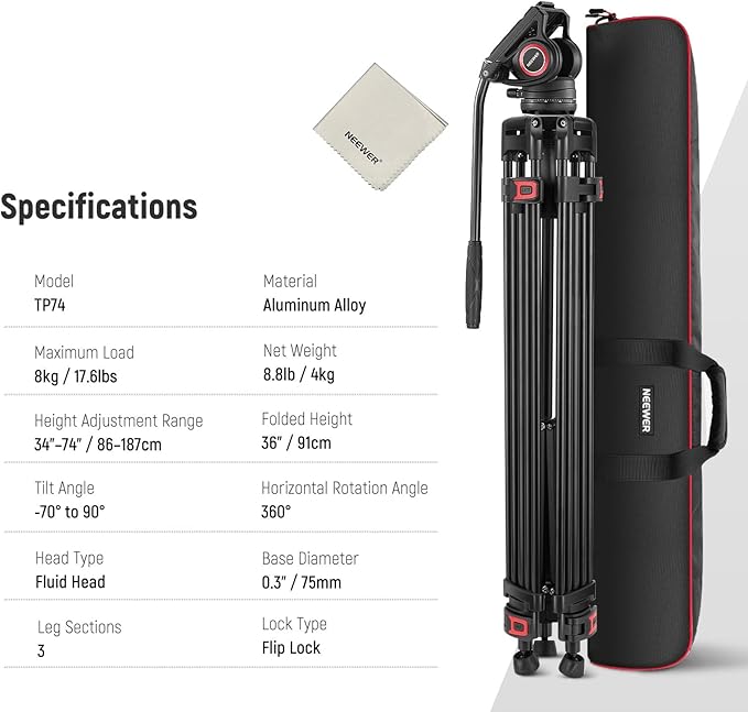 NEEWER 74" Video Tripod with Fluid Head & Damping Control, Aluminum Heavy Duty Camera Stand Professional with QR Plate for DSLR Camcorders for Video Recording, Cleaning Cloth, Max Load 17.6 lbs, TP74