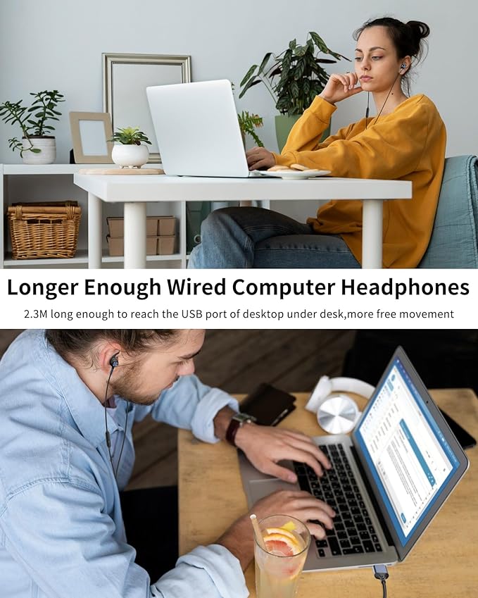 USB Earbuds with Microphone for PC Laptop,Wired USB A Headphones with Mic& Earfins Hook for Computer Office Work,7.5ft Noise Canceling Stereo Computer Headset for Dell/HP/Chromebook Game School,Black