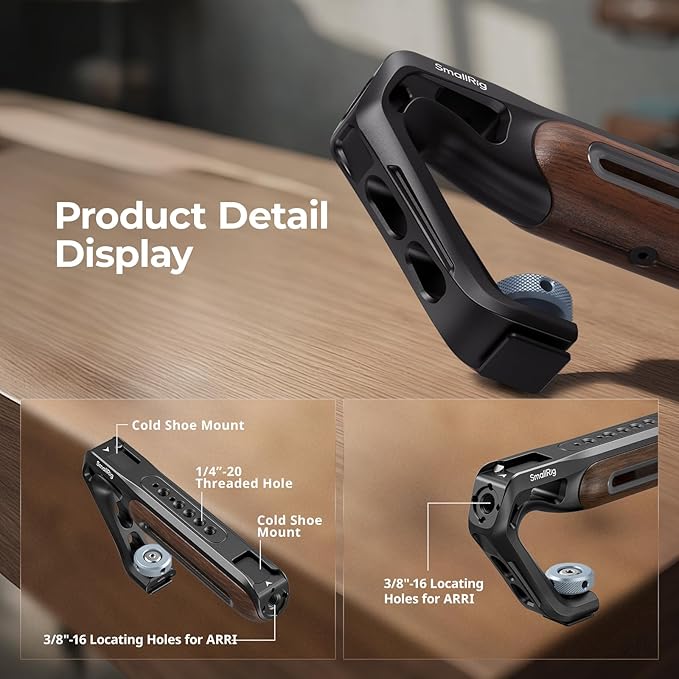 SmallRig Wooden Top Handle with Cold Shoe Mount, Lightweight Wooden Top Handle for Camera Cage, Load Capacity up to 10kg / 22lb, 3/8"-16 Locating Holes for ARRI & 1/4''-20 Threaded Holes - 5250