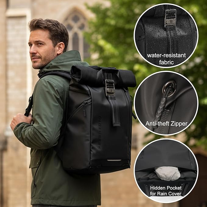 Besnfoto Camera Backpack, Waterproof Travel Camera Bag for Photographer Expandable Roll Top Photography Case for DSLR SLR Mirrorless Camera Fit up to 15.6 inch Laptop with Rain Cover