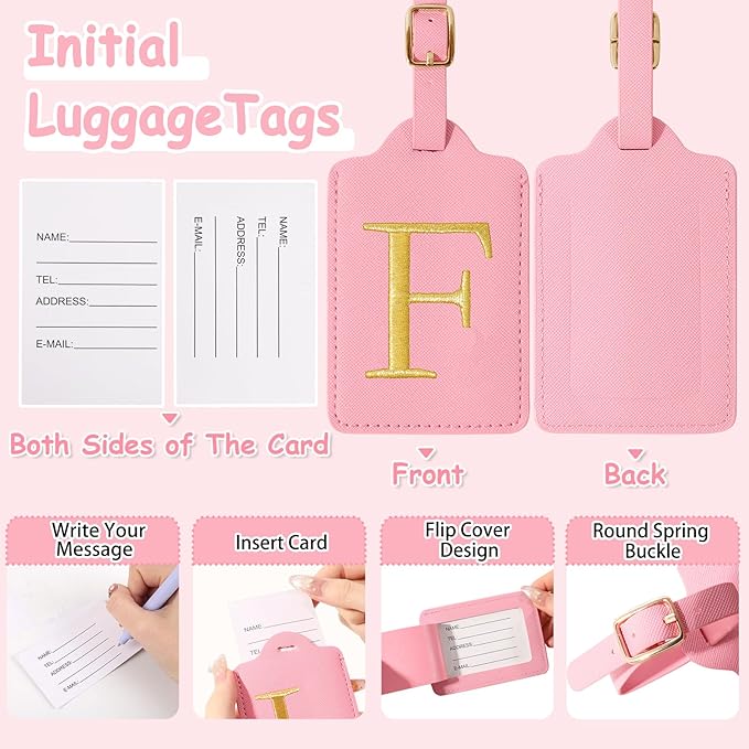Initial Letter Luggage Tags for Suitcases, Embroidered Monogrammed Suitcase Luggage Identifier Name Tag, PU Leather TSA Approved Luggage Tags, Bag Tags for Men Women Kids Luggage Handbags(Pink F)