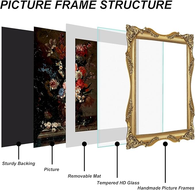Vintage Gold 11x14 Picture Frame with Mat for 8x10 or 11x14 Photos, Real Glass, Ornate Baroque Gothic Victorian Frames for Wall Display