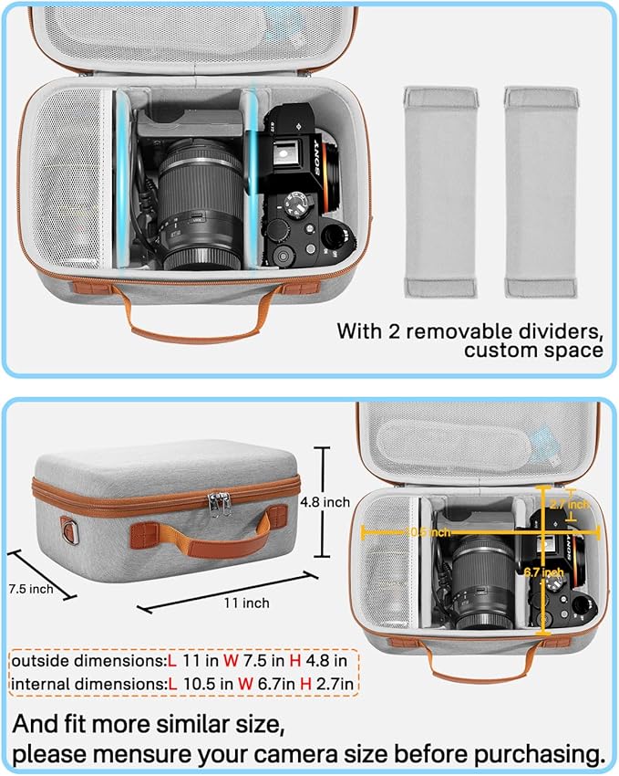 RAIACE Hard Case Compatible with Sony Alpha 7 II III IV/7R V Camera, for Nikon, for Canon, for Pentax and More. Large Capacity With Mesh Pocket for Lens, Charger, Cables, Cards and Accessories.-Gray