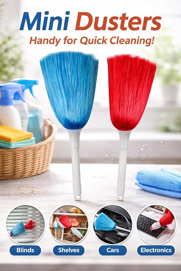 Mini Feather Dusters Anti-Static Multipurpose Microfiber Dusting Brush Tool with Handle for Cleaning Interiors Furniture and Car Accessories (4Pcs)