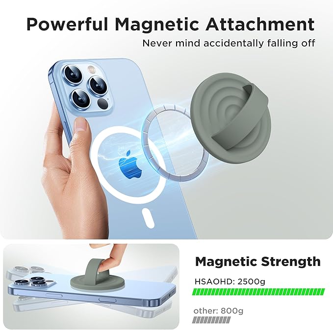Upgraded Magnetic Phone Grip, Liquid Silicone Soft and Portable, Removable Finger Loop Ring Grip Holder for iPhone, Strong Magnetic Attraction, Compatible with MagSafe Phone Case, Calke Green