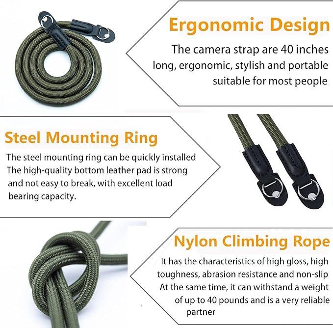 Camera Shoulder Strap Climbing Rope Camera Neck Strap for Mirrorless and DSLR Cameras, with Lens Cap Keeper (Green)