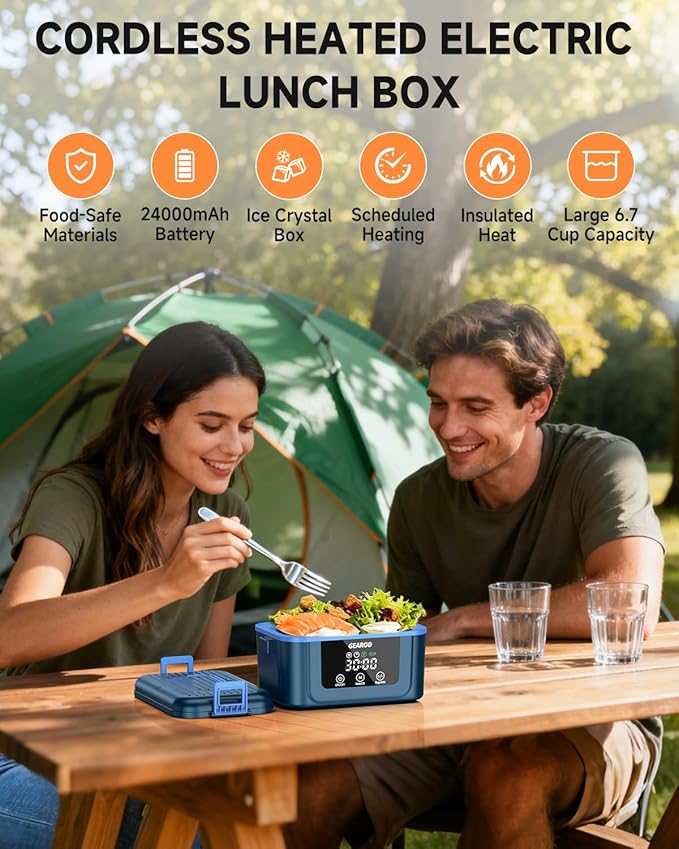 GEARGO 𝟐𝟎𝟐𝟔 𝐔𝐩𝐠𝐫𝐚𝐝𝐞𝐝 Cordless Electric Lunch Box, 1.6L & 24000mAh Rechargeable Heated Lunch Box with Ice Crystal Box, 24 Hours Scheduled Self Heating Lunchbox For Work Men Women(Blue)
