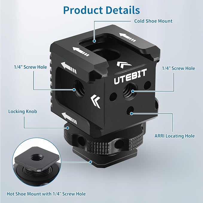 UTEBIT 3 Port Cold Shoe Mount with 1/4"-20 Thread , Cold Shoe Extension Bracket with 3.8" Magic Arm Dual 1/4 Screw Head Adapter 360° Rotatable, for Camera Cage Flash LED Monitor Microphone, Black