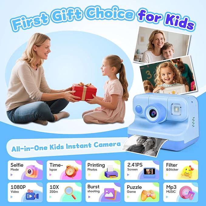 Kids Instant Print Camera, 30MP 1080P HD Digital Camera for Boys Girls with Color Pens & 32GB Card, Christmas Birthday Gifts Kids Toys for 3-12 Years Old (Blue)