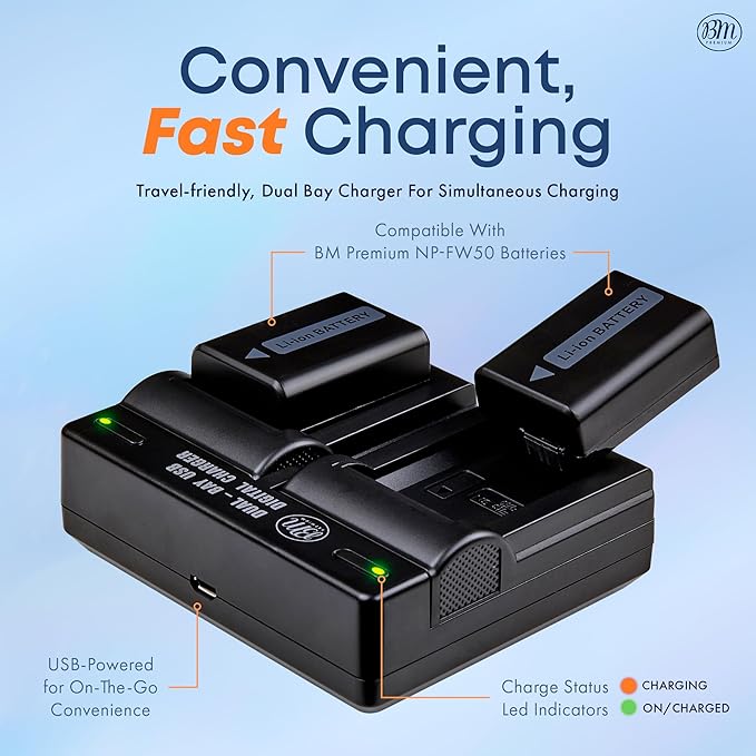 BM Premium 2 NP-FW50 Batteries and Dual Bay Charger for Sony ZV-E10, A6100, A6400, DSC-RX1R III, DSC-RX10 IV, DSC-RX10 II, RX10 III, A7 II, Alpha 7R, a7R, A7s II, a3000 a5000 a5100 a6000 a6300 a6500