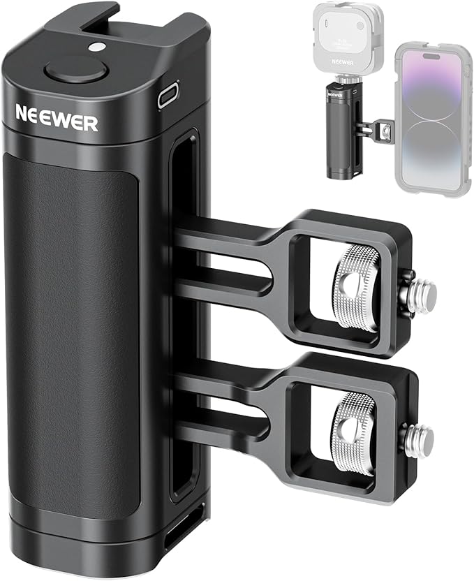 NEEWER Side Handle Grip with Wireless Remote Control Button Shutter Trigger for Smartphone Cage Video Rig, 2 Mount Adapters with 1/4" Screws & Locating Pins, Compatible with SmallRig Cages, PA005E
