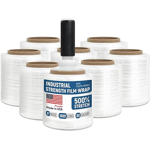 5” x 1000’ Stretch Wrap Mini 8 Rolls with Handle – Clear Plastic Stretch Film 80 Gauge, 500% Elongation, Heavy Duty Shrink Wrap for Moving, Packing & Shipping