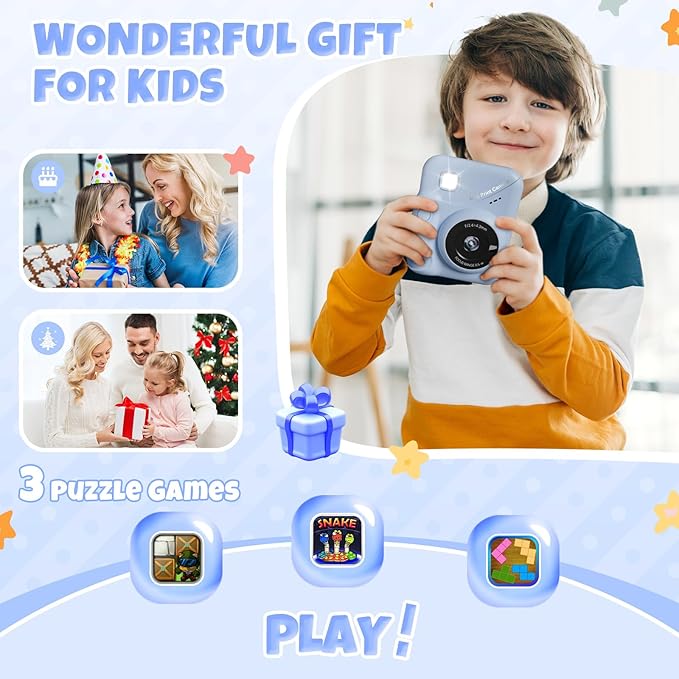 Kids Camera Instant Print, 3.0'' Screen 48MP Photo Instant Camera for Kids with 32GB Card, 1080P HD Digital Child Printable Toy, Gift for 3-12 Year Old Girls Boys