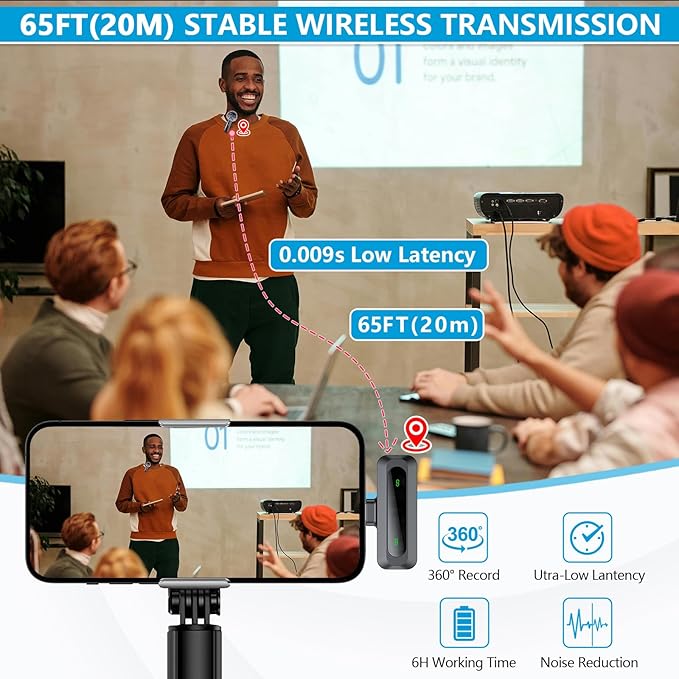Wireless Microphone Mini Mic for iPhone/Android Phone, LED Display Lavalier Microphone for Video Recording Clip on Lapel Lav Mics Vlog YouTube TikTok