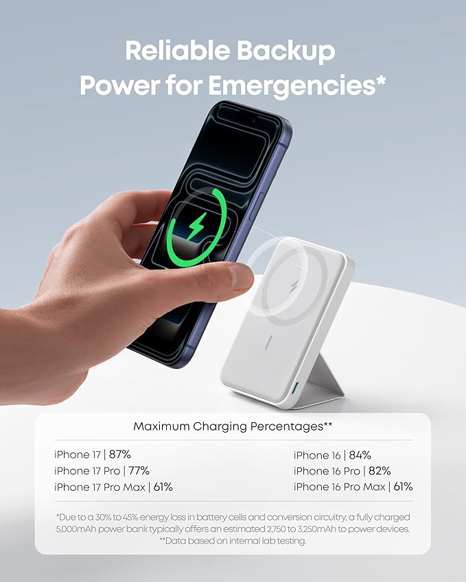 Anker 622 Magnetic Battery (MagGo), 5,000mAh Foldable Magnetic Wireless Portable Charger with Stand and USB-C Port (On The Side), Magsafe-Compatible for iPhone 16/15/14/13 Series