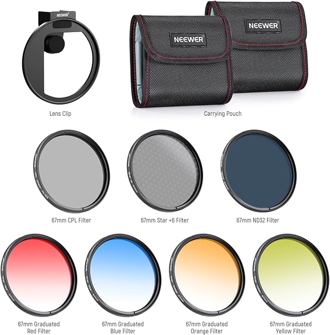 NEEWER Clip On 67mm Phone ND Filter Kit with Cold Shoe Lens Clip, CPL/ND32/6 Point Star/4 Graduated Color Filter Compatible with iPhone 17 16 16e 15 Android Samsung Galaxy S25 Ultra S24