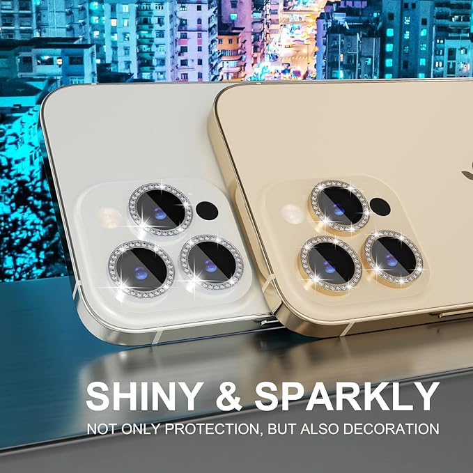 Choiche Compatible for iPhone 14 Pro/iPhone 14 Pro Max Camera Lens Protector Bling, 9H Tempered Glass Camera Cover Screen Protector Metal Ring Decoration Accessories (Diamond-Gold)