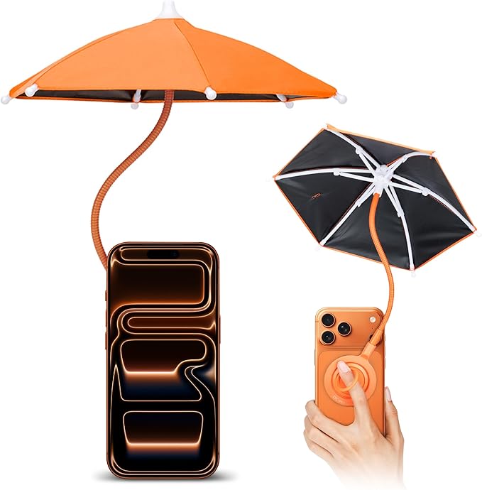 UPF 45+ Magnetic Phone Umbrella with Black Anti-UV Coating, Upgrade UV Cellphone Umbrella with Bendable & Phone Ring Design for Outdoor Beach Tiktok Video Watching Anti-Glare Gaming Anti-Heating-Orange