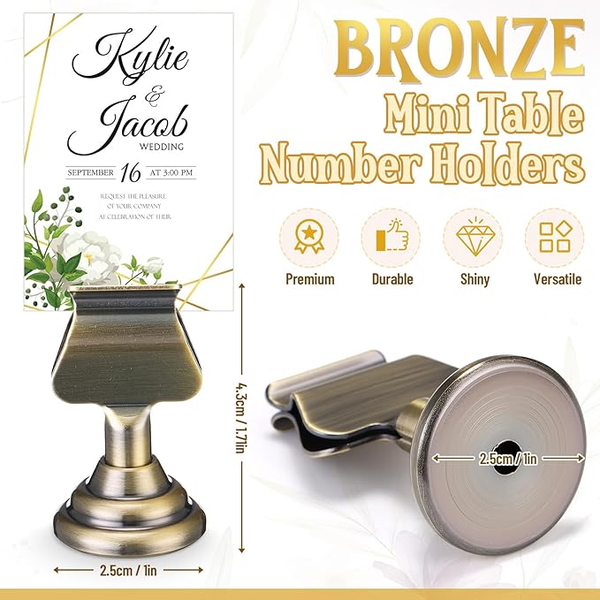 Kathfly 24 Pcs Metal Table Number Holders 1.7 inch Bronze Mini Place Card Holders Bulk Harp-clip Table Sign Stands Card Holder Display Picture Memo Notes Menu for Weddings Restaurants Birthday Decor