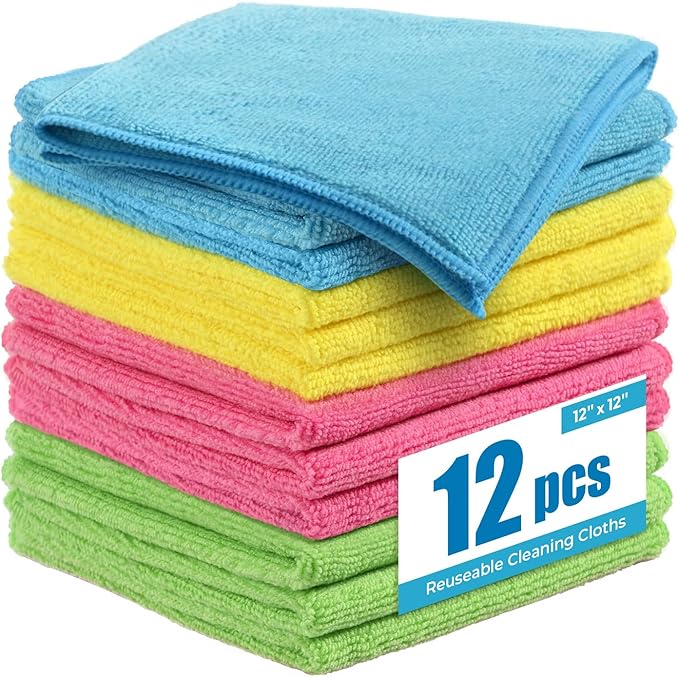 270GSM Thick Microfiber Cleaning Cloth 12"X12" - 12 Pack 4 Color Assorted Lint Free Kitchen Towels Lint Free Streak Free, Super Absorbent Reusable Multi Purpose Microfiber Towels for Cars