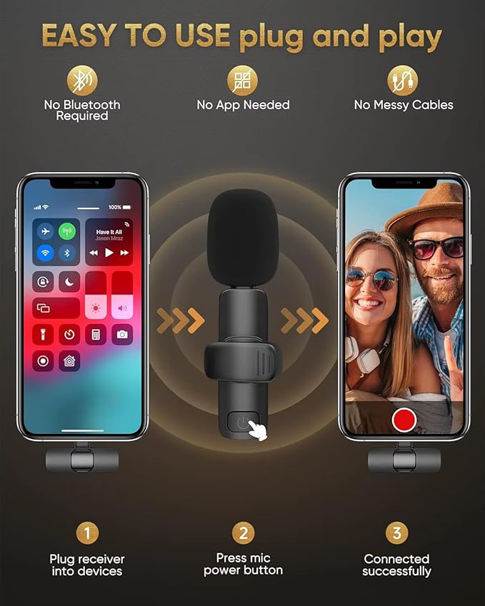 SAKHAR Wireless Lavalier Mic for iPhone & Android USB-C, Dual Clip-On Lapel Mics with DSP Noise Reduction, Plug & Play, 2 Transmitters + Receiver for TikTok, YouTube, Interviews & Video Recording