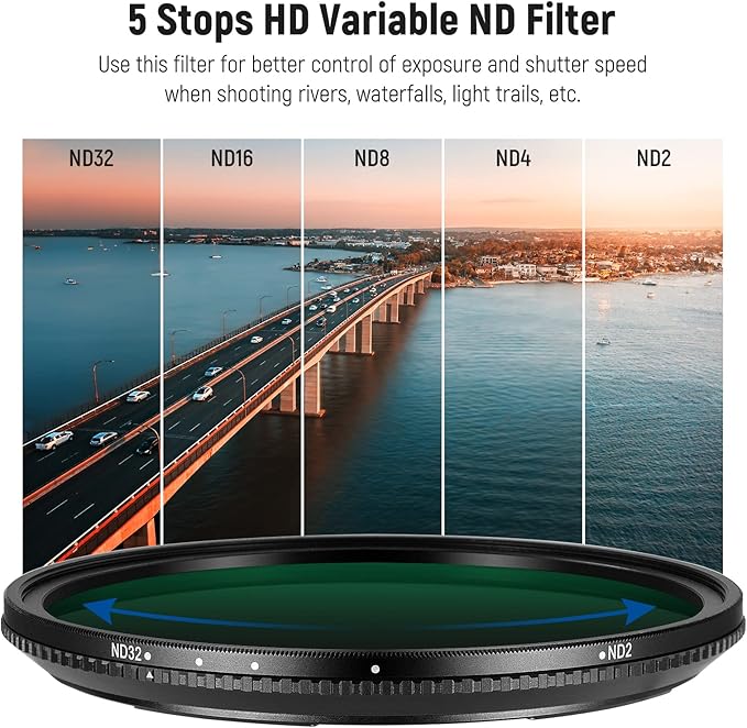 NEEWER 82mm Magnetic Variable ND Filter ND2-ND32(1-5 Stops) with Magnetic Adapter Ring， HD Adjustable Neutral Density Filter with Water Repellent Double Sided 30 Layer Coatings， No X Cross