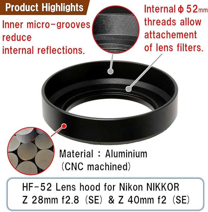 F-Foto HF-52U 52mm Metal Screw-in Lens Hood — Anodized Aluminum, Threaded Inner Ring for 52mm Filters — Durable Protective Hood for Nikon Z 28mm/40mm & 52mm Lenses — Inspected in Japan,HF-52U