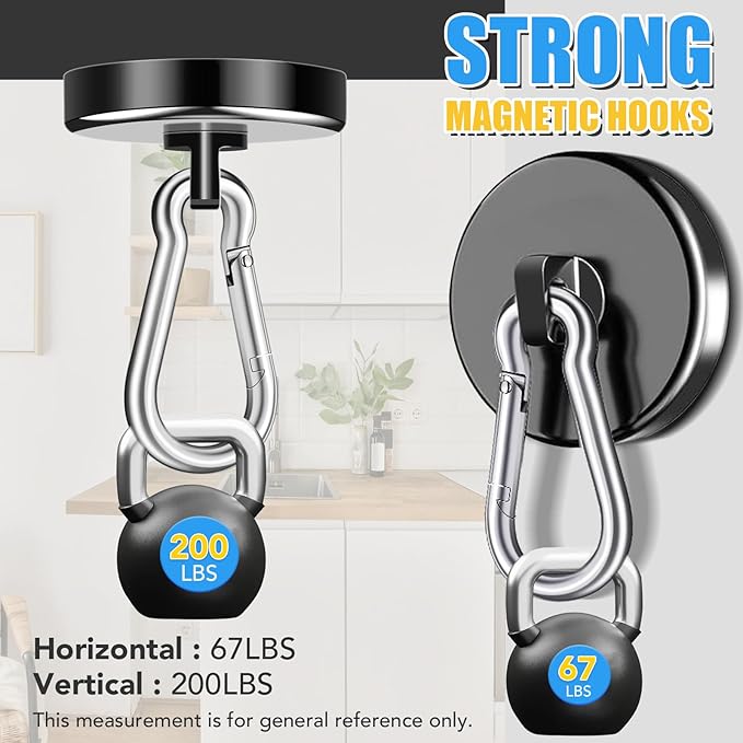 VSKIZ 200Lbs Magnetic Carabiner Hooks, 2 Pack Strong Magnetic Hooks Heavy Duty with Swivel Carabiner for Cruise, Black Neodymium Magnet Hooks Magnetic Wall Hanger for Hanging, Toolbox, Grill, Cabins