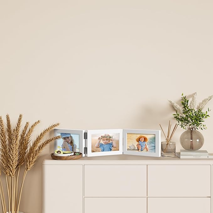decorUhome Triple 6x4 Picture Frame Horizontal, Engineered Wood Trifold Photo Frame with Plexiglass for Tabletop Display, 6x4, White