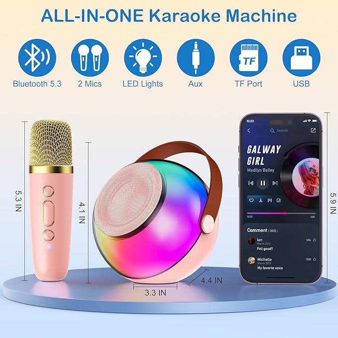 Mini Karaoke Machine for Kids Adults, Portable Bluetooth Speaker with 2 Wireless Microphones, Karaoke Toys for Family Party, Birthday Gifts for Girls Ages 4, 5, 6, 7, 8, 9, 10, 12+ (Pink, 2 Mics)