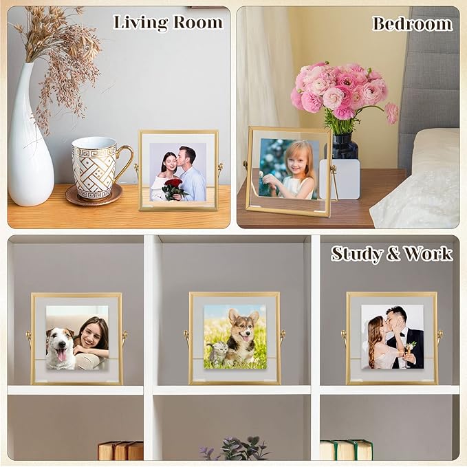 Hoteam 16 Pcs Gold Floating Frames 4 x 4 Inches Glass Photo Frames Vertical Vintage Metal Picture for Wedding Photo Picture Mounting Tabletop Display Office Decor(Gold)