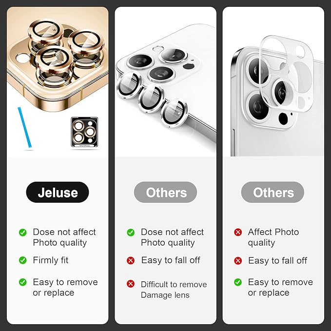 Jeluse Camera Lens Protector for iPhone 17 Pro Max/17 Pro/16 Pro Max/16 Pro/15 Pro Max/15 Pro/14 Pro Max/14 Pro, 9H Tempered Glass Screen Protector Cover Alignment Kit Metal Individual Ring