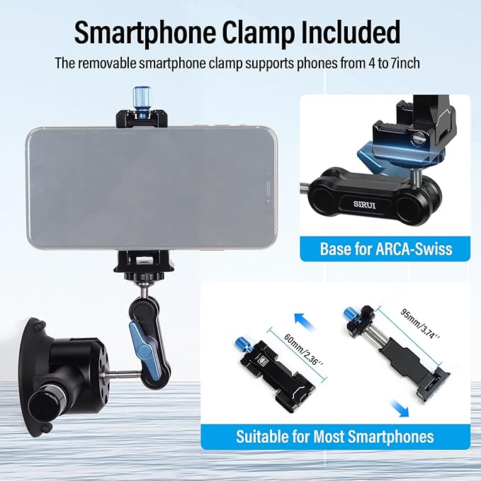 SIRUI Suction Cup Mount for Camera and Phone, Air Pump Vacuum Suction Cup with Magic Arm, Phone Holder, 360°Rotating Double Head Windshield Window Mount for GoPro, for Insta360, for DJI Action, MA-SC