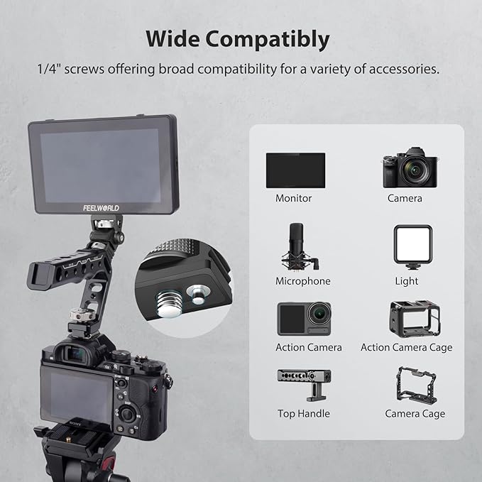 Camera Monitor Mount with 1/4″ Screw, Aluminum Field Monitor Mount for Video Light Microphone Cage, Field Monitor Holder 360° Swivel & 180° Tilt Damping 11lb Load Capacity (63144)
