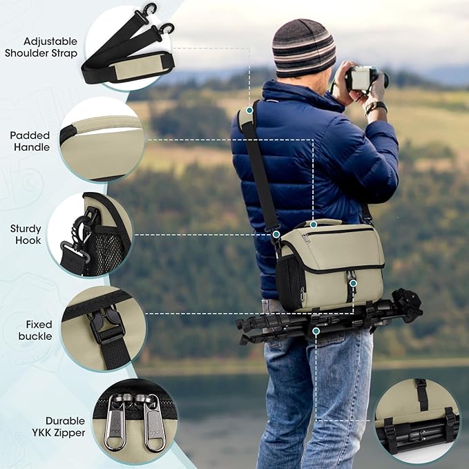 RAINSMORE Camera Bag, DSLR/SLR/Mirrorless Camera Case with Tripod Holder Waterproof Camera Sling Bag Crossbody Camera Bags for Photographers with Rain Cover for Canon/Nikon/Sony/Fuji, Khaki