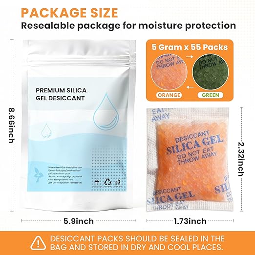Color-Indicating Silica Gel Packets, 5g (50 Pack), Food-Grade Reusable Desiccant Moisture Absorbers for Food Storage, Closets, Electronics