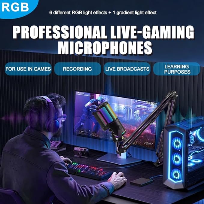 USB Gaming Microphone with Boom Arm - PC Mic for Streaming, Podcasting, Vocal Recording - RGB Condenser Kit with Noise Cancellation, Monitor Mix Knob, Mute Button & Pop Filter for Content Creator