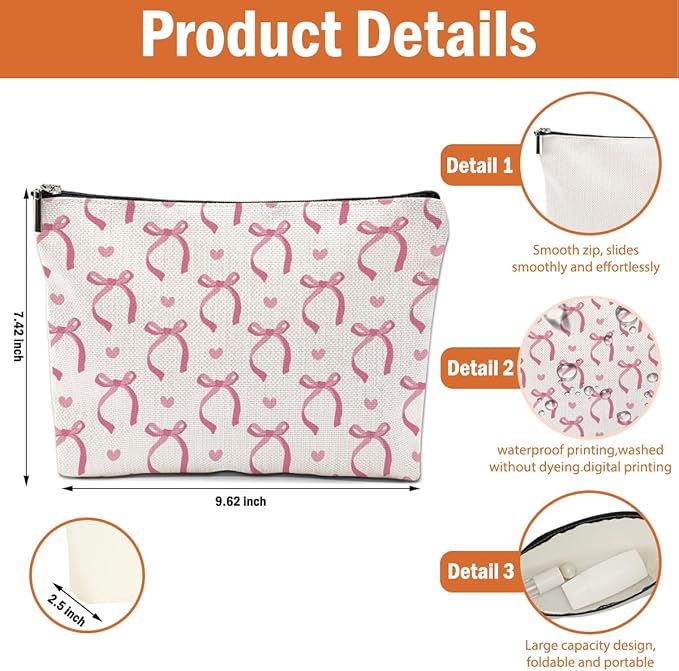 4PCS Pink Bow Makeup Bag, Coquette Preppy Cosmetic Bags Bow Gifts for Women Girls Pink Trendy Toiletry Bag Best Birthday Christmas Gifts for Girls Women Sister Travel Bags