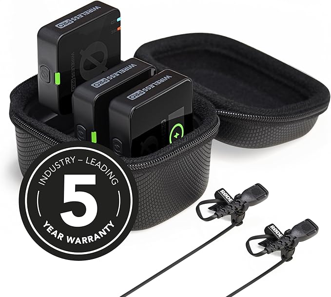 RØDE Wireless PRO Compact Wireless Microphone System with Timecode, 32-bit Float On-board Recording, 2 Lavalier Microphones and Smart Charge Case for Filmmaking and Content Creation