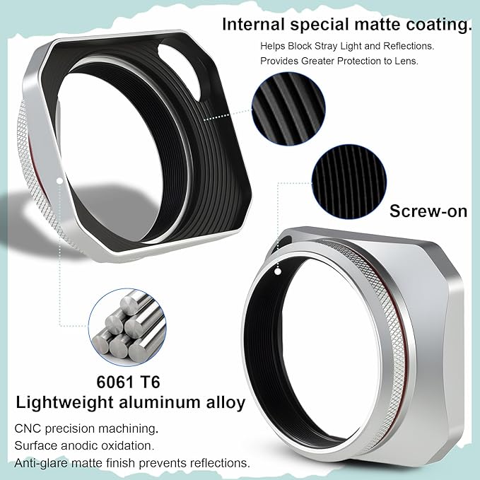 Haoge Square Metal Lens Hood for Fujifilm X100VI X100V X100F X100T X100S X70 Fuji Photo Camera Accessories Silver with 49mm Uv Filter Adapter Ring Hollow Out Designed LH-X1006-PS