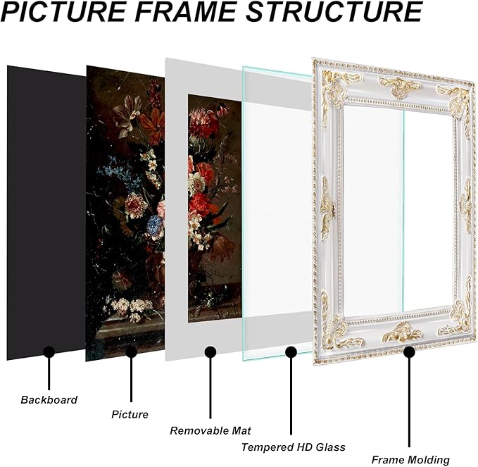 8x10 White Picture Frame Vintage Antique Gothic Baroque Design with Mat for 5x7 or 8 x 10 Photos, Wall or Tabletop Display, Retro Home Decor Accent for Weddings & Family Photos