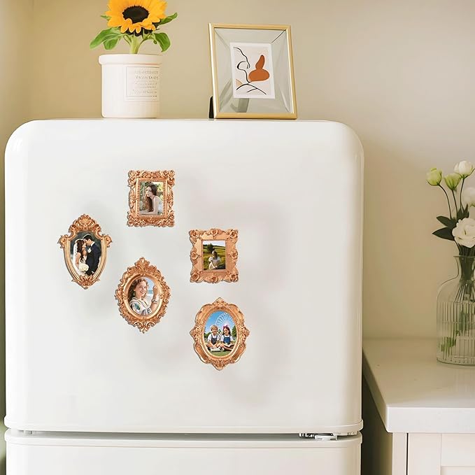 5 Pcs magnetic picture frames for refrigerator:Refrigerator Mini Frames Magnetic Vintage Picture Display with Back Small Antique Picture Frames with Hooks holders and Rope Refrigerator Magnets Photo Display Christmas Decor(Golden 5 Pcs )