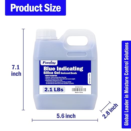 2.1LBS Fonday Blue Indicating Silica Gel Beads Desiccant Moisture Indicating Blue to Pink Reusable Industry Standard Bead Size 3 to 5mm