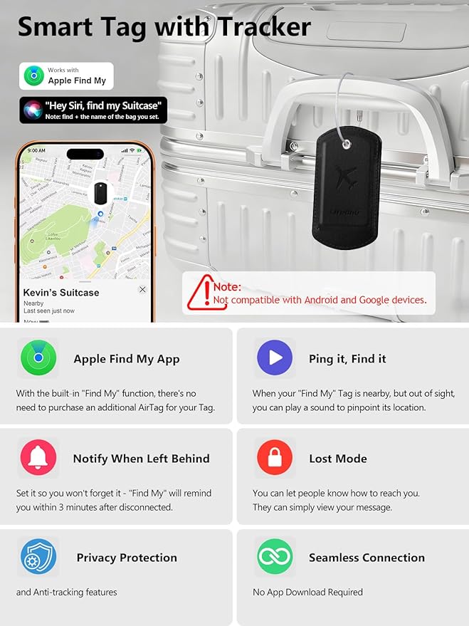 Luggage Tags Built-in Anti-Loss Tracker, Luxury Leather Luggage Tags for Suitcase, Travel Bags, Backpacks, Travel Organizer for Lost Baggage Prevention (S-Black)