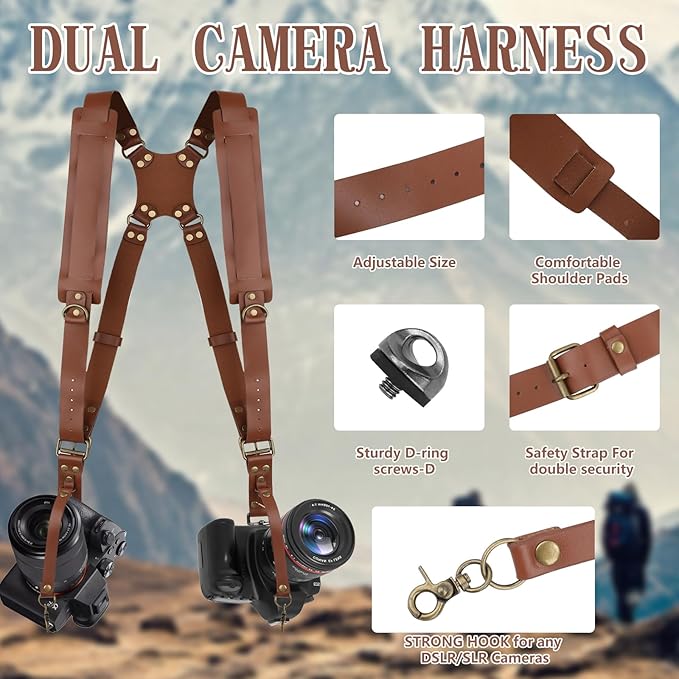 Bebaimis Dual Camera Harness Strap for Two-Cameras,Dual Shoulder Leather Camera Strap,Double Camera Harness for DSLR/SLR