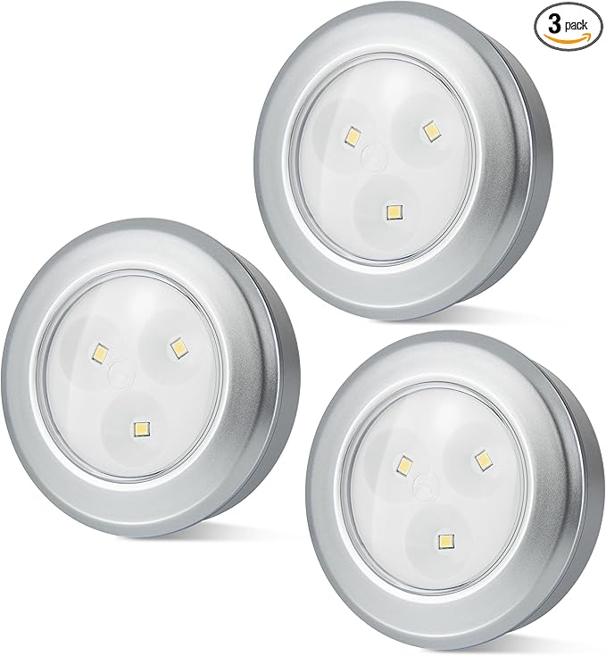 BIGMONAT LED Puck Light, Stick on Lights, Closet Lights Battery Operated, Tap Lights, 60 Lumens Touch Light, Under Cabinet Lighting, Ideal for Kitchen Cabinets, Closets, 3-Pack, Silver