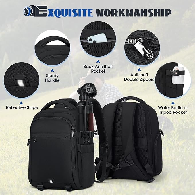 RAINSMORE Camera Backpack Camera Bag for Photographer DSLR SLR Mirrorless Camera Cases with Waterproof Rain Cover & Laptop Compartment Fit 15.6 Inch Laptop,Anti Theft Travel photography backpack,Black