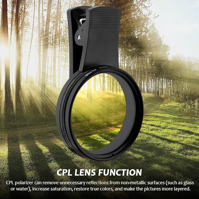 52mm Polari/zed Camera Lens Phone Universal CPL Filter Clip Kit, Portable Phone Polarizing Lens Filter for Cell Phones Camera Assistant Len and Effects Filters(Black)